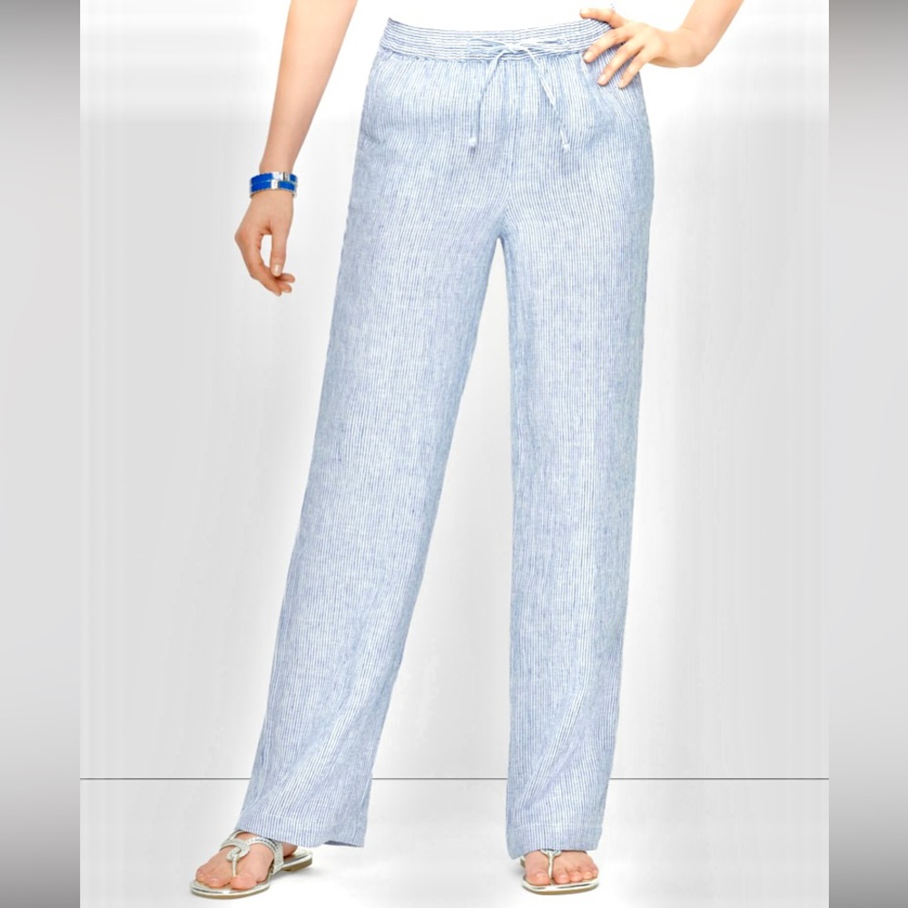 Talbots Linen Wide Leg Pants, Blue Pinstripe, sz 20